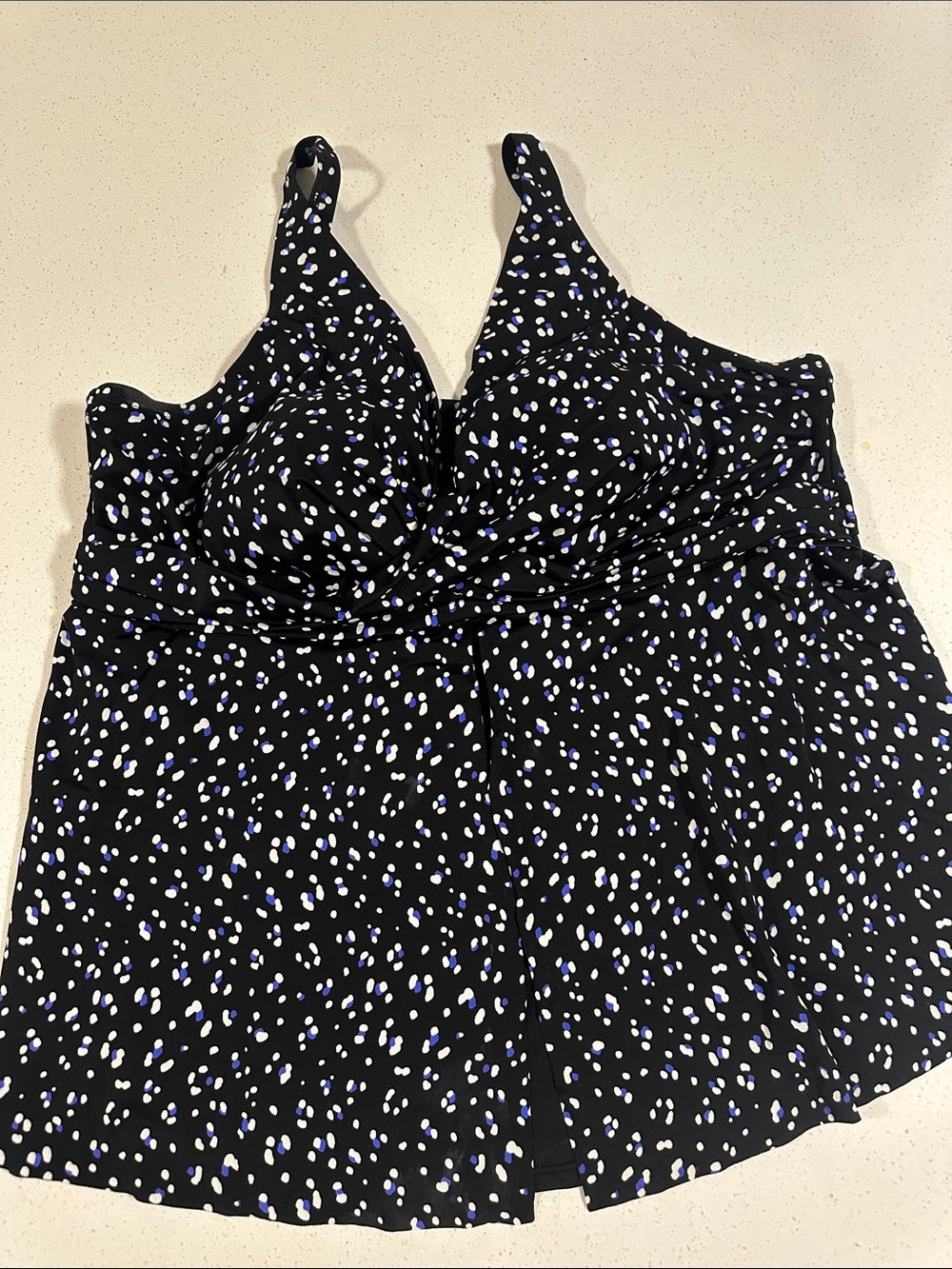 Swimsuits For All - Black Flyaway Tankini  with White and Light Blue Dot Print